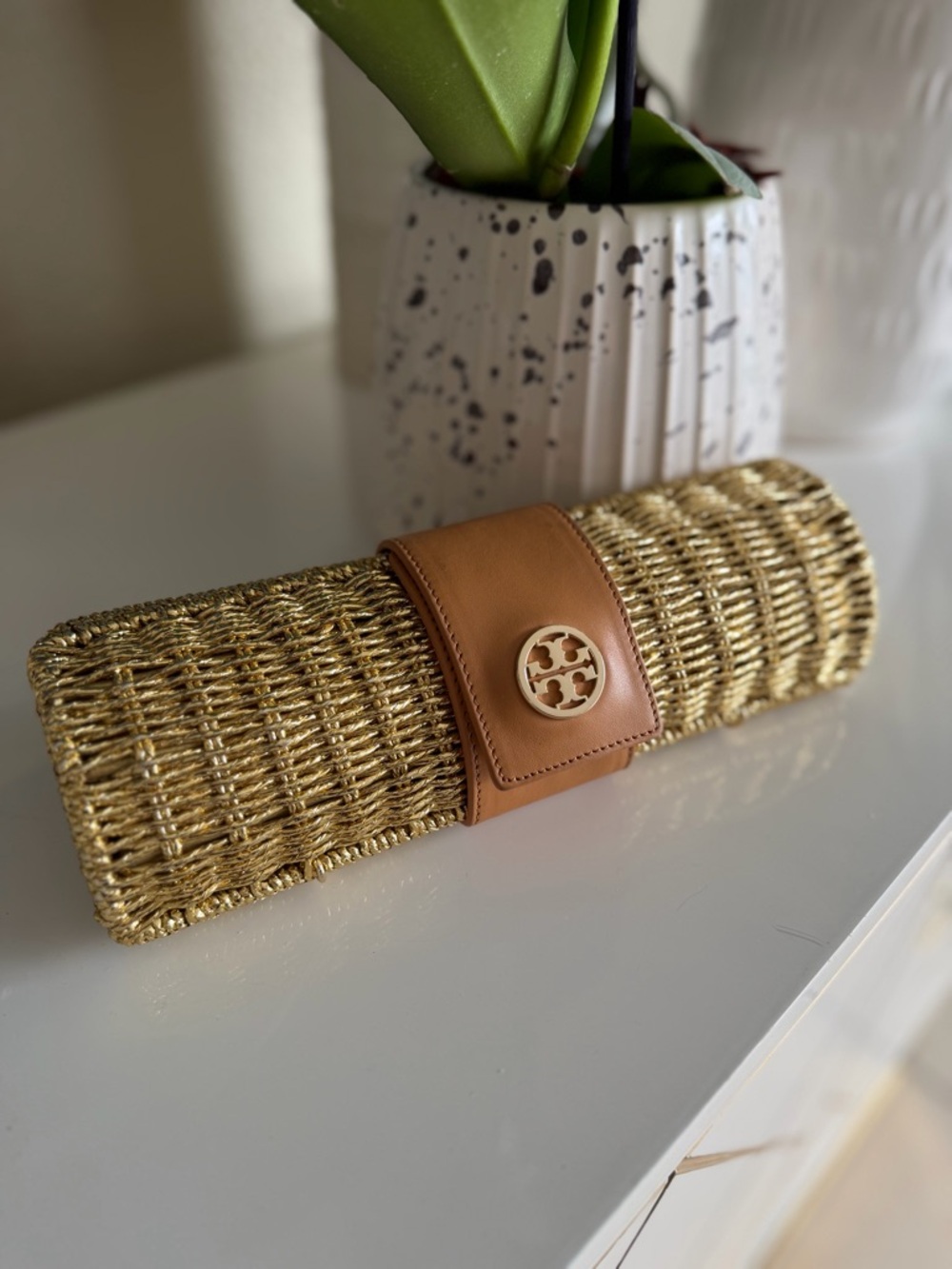 Gold Tory Burch Straw Clutch Bag with Tan Leather Accent